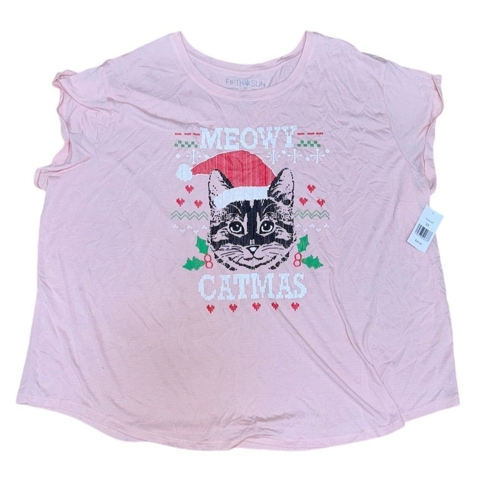 Cat Fifth Sun Women's 3XL Pink "Meowy Catmas" Christmas T-Shirt Casual holiday